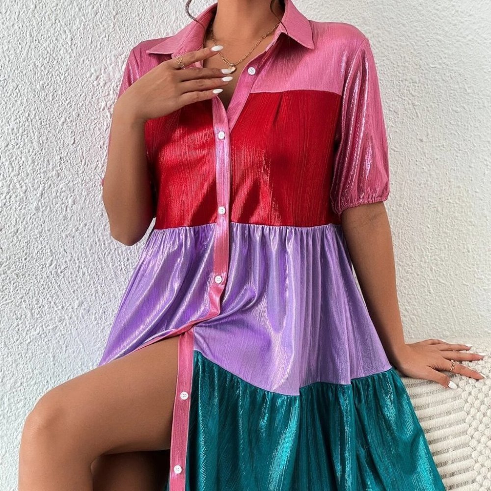Multicolor Womens colorblock metallic button down shirt Dress - Picture 2 of 8